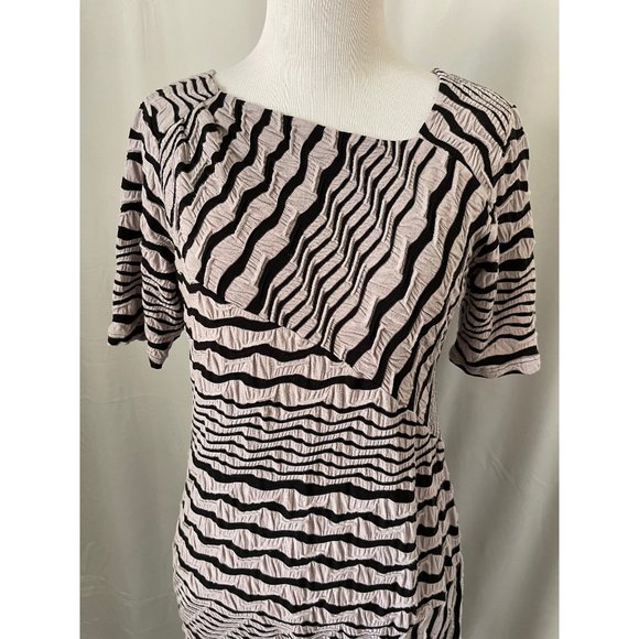 Papillon Blanc Women's Gray/Black Wavy Striped Pattern Short Sleeve Midi Dress - Picture 2 of 11